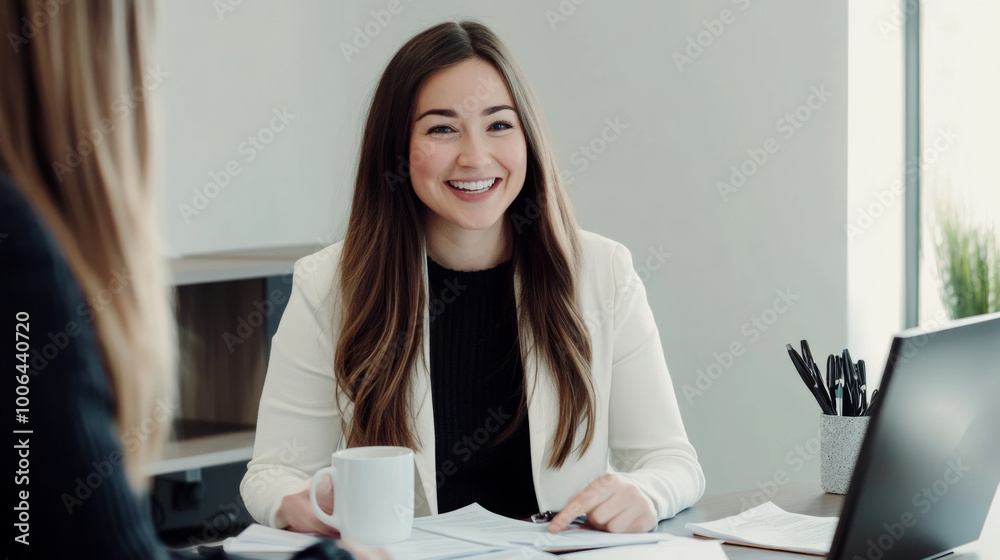 A woman in a white blazer and black shirt is sitting at a desk with a laptop A woman in a white blazer and black shirt is sitting at a desk with a laptop