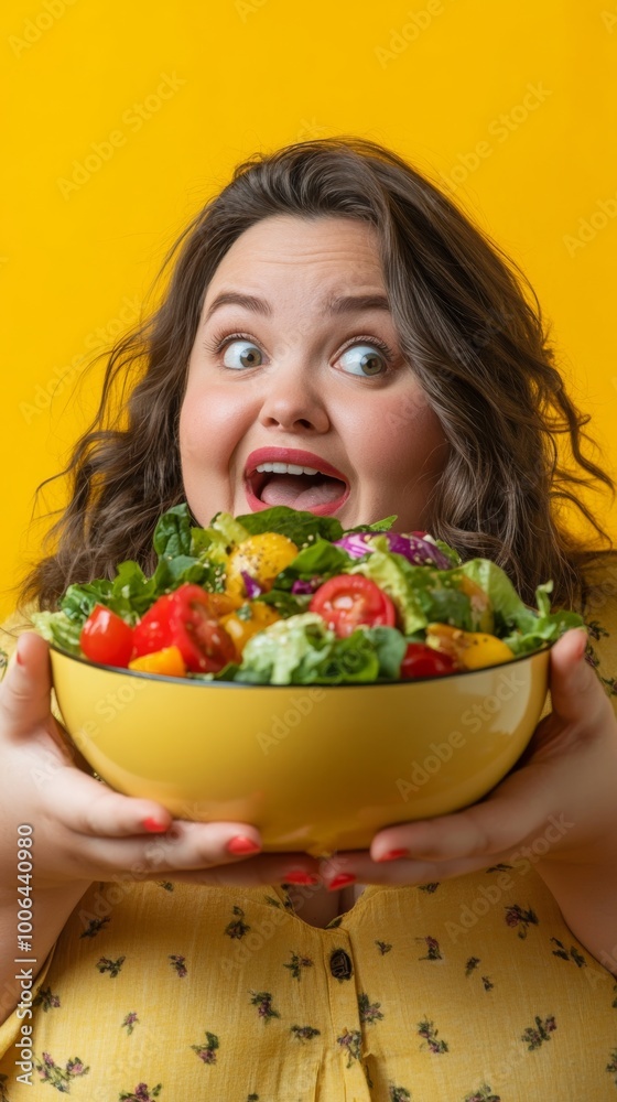 Excited woman holding a large bowl of salad on yellow background Excited woman holding a large bowl of salad on yellow background