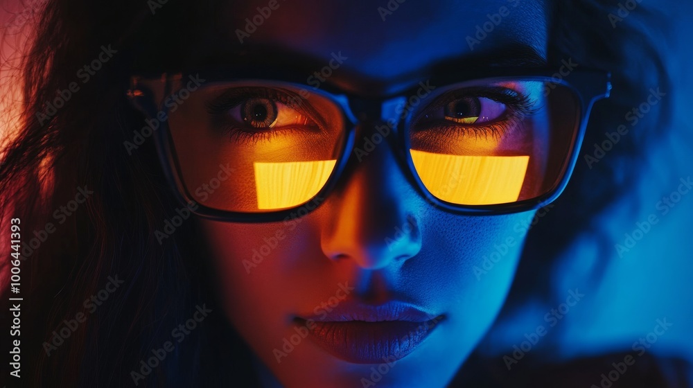 Closeup of woman wearing glasses reflecting light in cyberpunk style Closeup of woman wearing glasses reflecting light in cyberpunk style