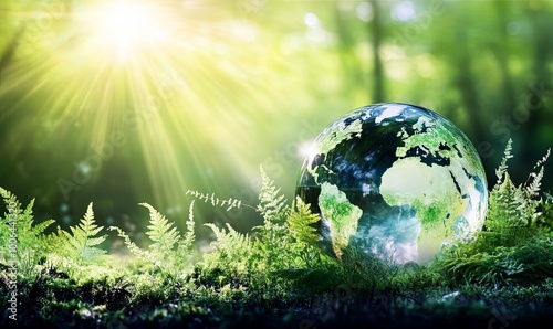 A glass globe of the Earth sits in a lush forest setting with a bright sun shining through the trees.