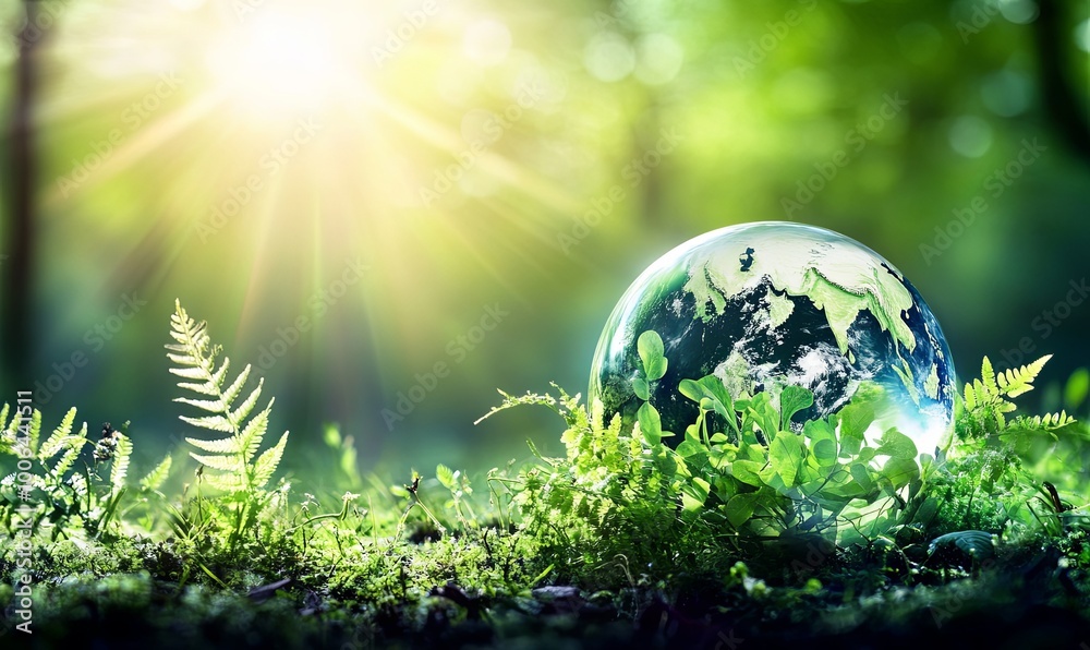 A glass globe sits on a bed of green grass and ferns with a bright sun shining in the background. A glass globe sits on a bed of green grass and ferns with a bright sun shining in the background.
