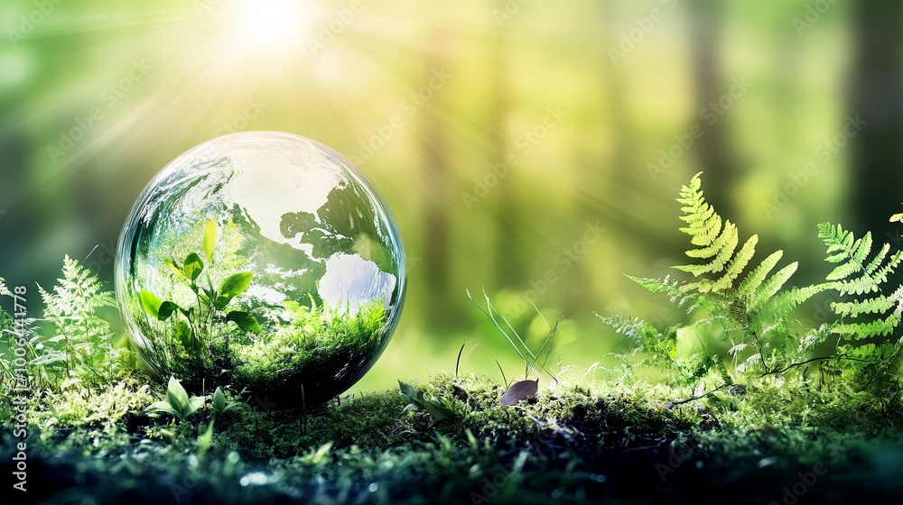 A glass globe with a world map inside sits on green moss, with green plants around it and a sunburst in the background. A glass globe with a world map inside sits on green moss, with green plants around it and a sunburst in the background.
