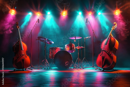 A vibrant concert stage filled with colorful lights and energetic performers. There are string instruments and jazz music. photo