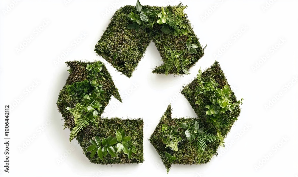 A green moss and plant-covered recycling symbol on a white background. A green moss and plant-covered recycling symbol on a white background.