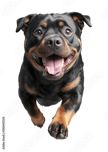 A joyful grey Rottweiler leaping through the air under bright sunlight in a vibrant garden