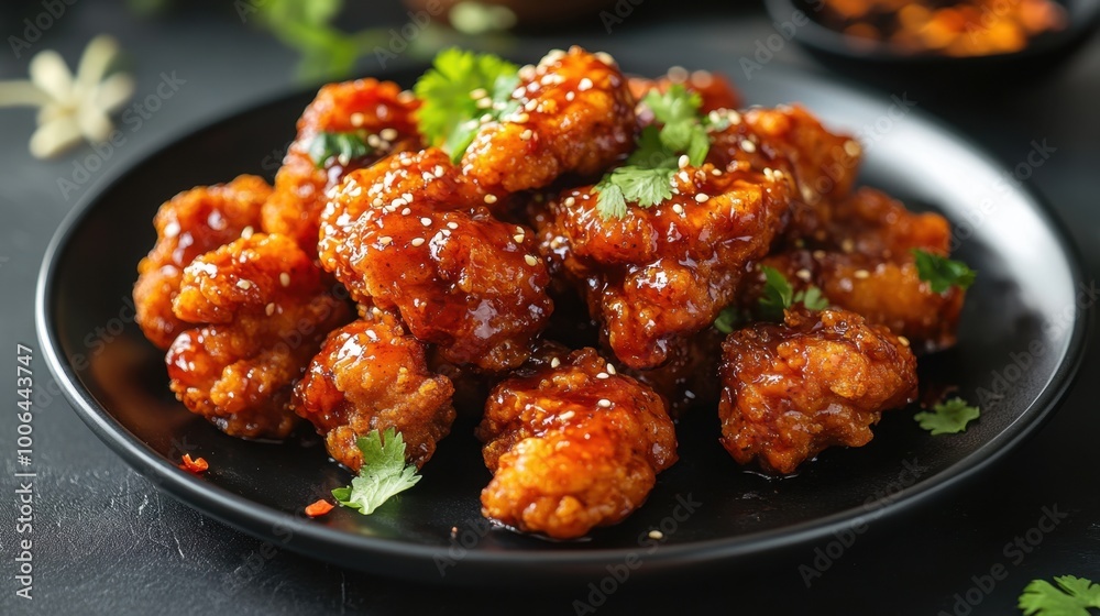 Crispy Korean fried chicken glazed in soy and spicy sauce, beautifully presented on a black plate, with vibrant garnishes for a perfect dining experience. Crispy Korean fried chicken glazed in soy and spicy sauce, beautifully presented on a black plate, with vibrant garnishes for a perfect dining experience.