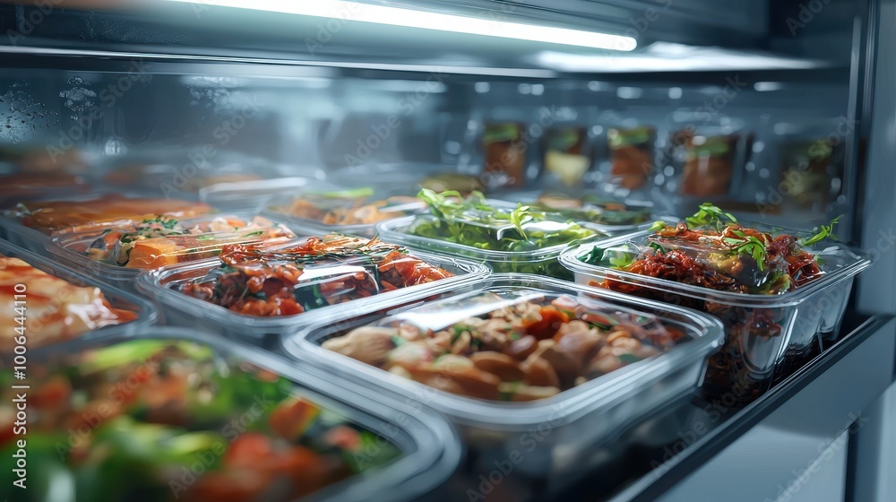 Packaged frozen meals, arranged neatly in a freezer, 3D illustration Packaged frozen meals, arranged neatly in a freezer, 3D illustration