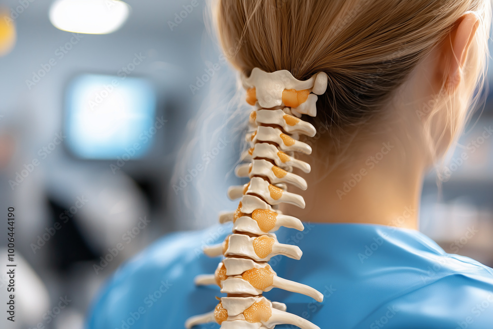 Fototapeta premium A graphic image of a young woman's spine and an X-ray of her back, designed to communicate the message of spinal disc health and care.