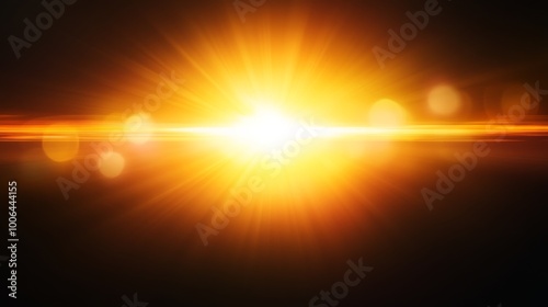 A striking yellow lens flare emanates from the center, with bright beams of light extending outward into softer rays, set against a smooth black backdrop emphasizing illumination photo