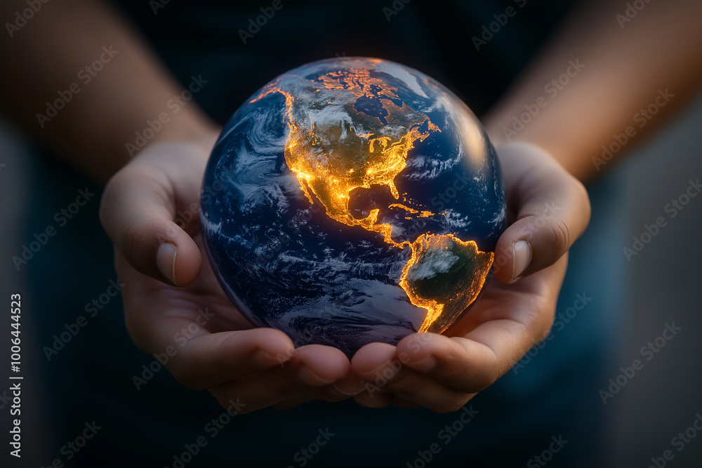 Hands holding the Earth, symbolizing global care and protection for the environment It is a globe at night that shows the lights from the electricity used in each country. Hands holding the Earth, symbolizing global care and protection for the environment It is a globe at night that shows the lights from the electricity used in each country.