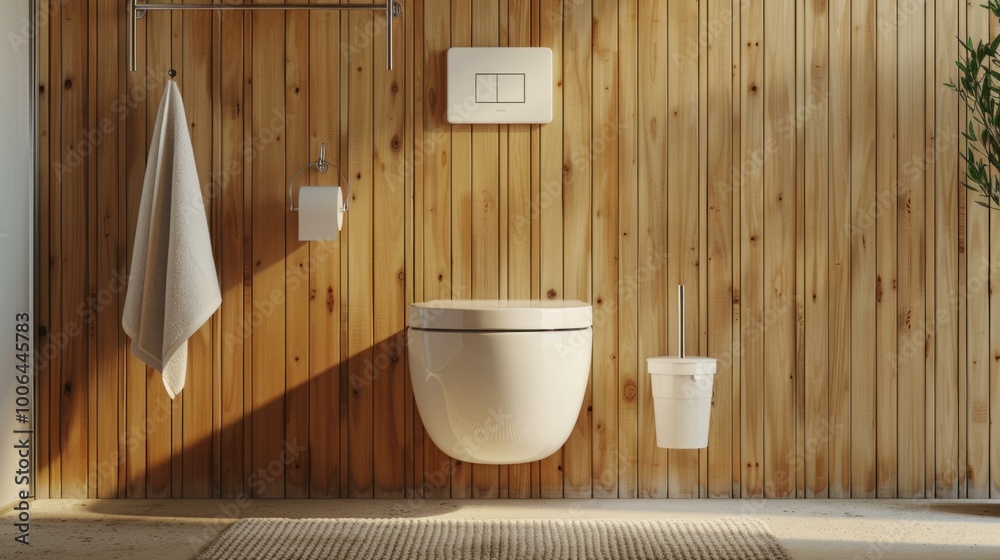 A bathroom with a toilet and a towel hanging on a rack