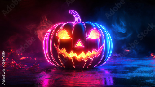 Spooky Funny Neon Glow Jack o'Lantern Pumpkin, Magical Abstract Halloween Night Scene. Autumn Forest at Sundown, Bright Light, Fallen Leaves. Trick or Treat, Happy Celebration Party, Seasonal Header