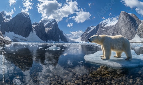 A polar bear stands on an ice floe in a calm, glacial lake with mountains in the background. The sky is bright blue and cloudless. photo