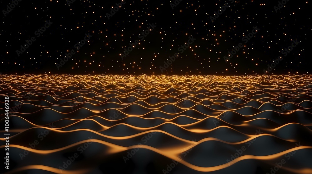 Naklejka premium The image shows a dark, undulating surface with glowing orange lines, backlit by a scattering of golden orbs.