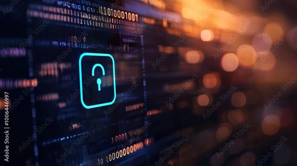 Fototapeta premium Cybersecurity concept emphasizing internet security with a screen displaying a padlock symbol..
