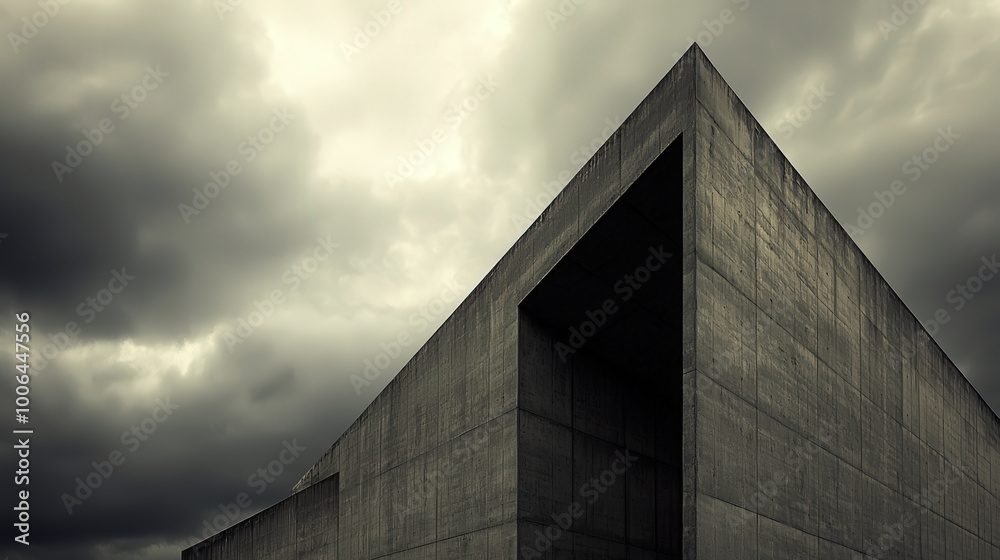 A striking Neo Brutalist building with sharp angular design stands against moody sky filled with dark clouds, evoking sense of drama and modernity A striking Neo Brutalist building with sharp angular design stands against moody sky filled with dark clouds, evoking sense of drama and modernity