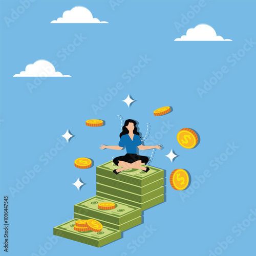 Woman relaxing and meditating on pile of money banknotes while coins rain down. Concept of financial wellbeing, effective money management, savings, investment, and accumulating wealth