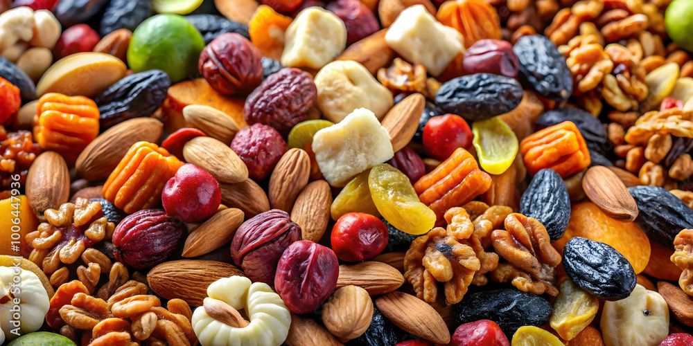 Macro Shot of Assorted Nuts and Dried Fruits: Close-Up Showcase of Textures and Colors with a Rotating View to Highlight Rich Flavors | Photo Stock Concept Macro Shot of Assorted Nuts and Dried Fruits: Close-Up Showcase of Textures and Colors with a Rotating View to Highlight Rich Flavors | Photo Stock Concept