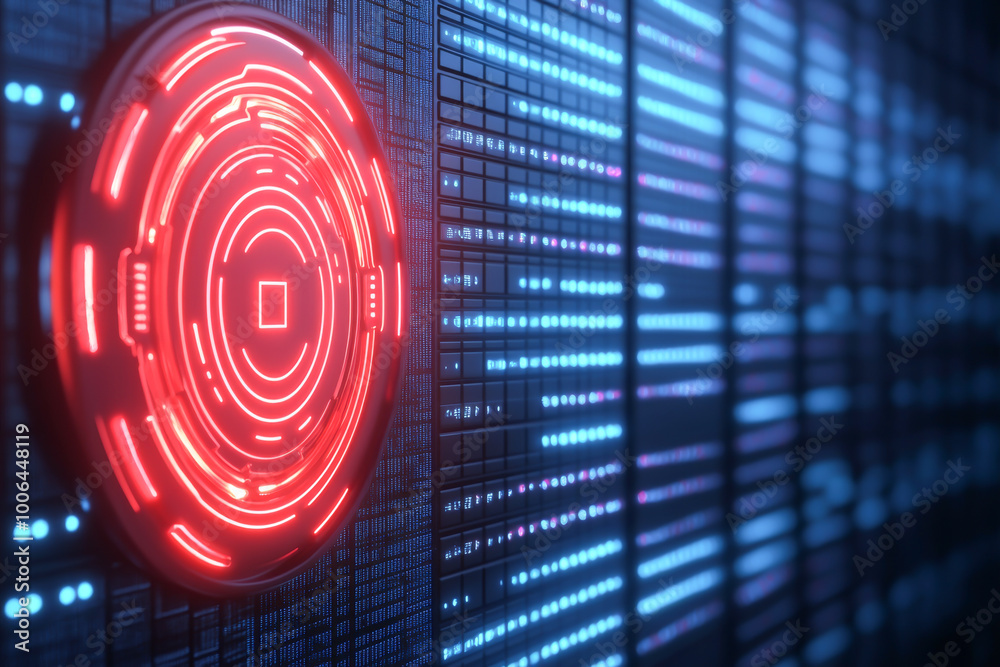 Fototapeta premium Futuristic digital interface with glowing red elements and blue data patterns. Perfect for tech and innovation themes.
