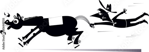 Horse. Farmer. Cowboy. Rodeo. 
Cartoon farmer or cowboy catching a running horse by tail. Black and white illustration
