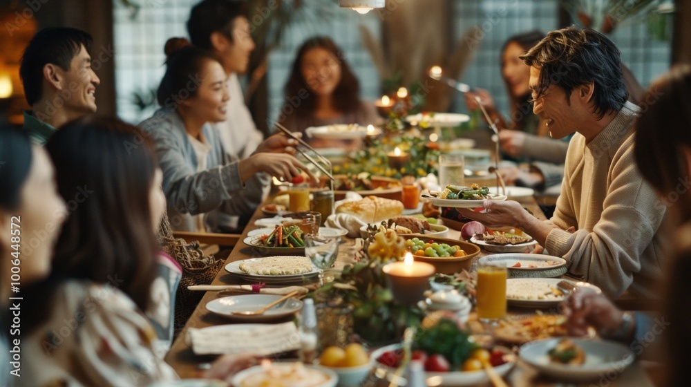 A group of people are gathered around a long table with a variety of food A group of people are gathered around a long table with a variety of food
