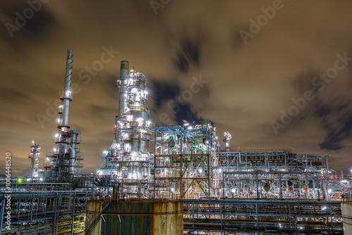 Oil​ refinery​ night and​ plant and tower column of Petrochemistry industry in oil​ and​ gas​ ​industrial with​ cloud​ flow