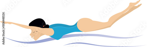 Swimming young woman. Colorful swimmer character illustration on white background. 
Active person. Sportswoman training in the pool. Healthcare, water sport concept
