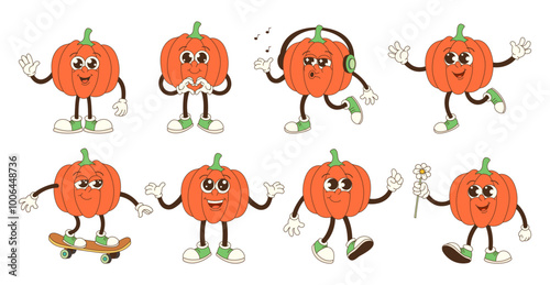 A series of cartoon pumpkins with one of them holding a skateboard. The pumpkins are all smiling and seem to be having fun