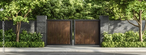  Modern wooden fence with metal gate, modern home entrance design, exterior front view