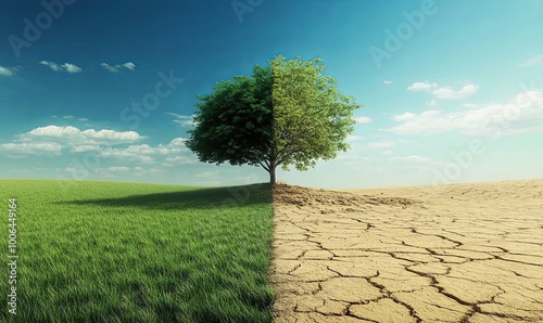 A tree stands on the border between lush green grass and a cracked, barren desert landscape, symbolizing the contrast between a healthy ecosystem and a drought-stricken environment.