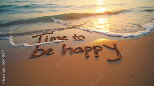 Time to be happy written on sand with ocean waves