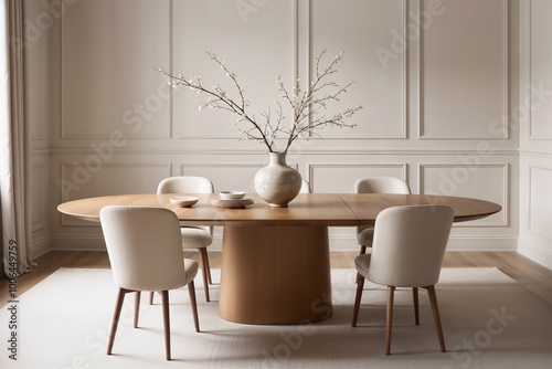 dining room with table and chairs, a plant vase on the table.