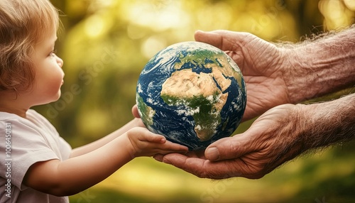 A young child and an elderly man hold a globe in their hands, symbolizing the passing of the planet's future from one generation to the next. #1006450131