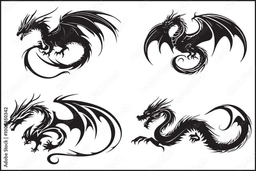 Fototapeta premium Dragon Silhouette, Dragon Clipart, Fantasy Art, Mythical Creature, Dragon Design, Silhouette Art, Fantasy Silhouette, Dragon Illustration, Medieval Art, Creature Silhouette, Fantasy Graphics,