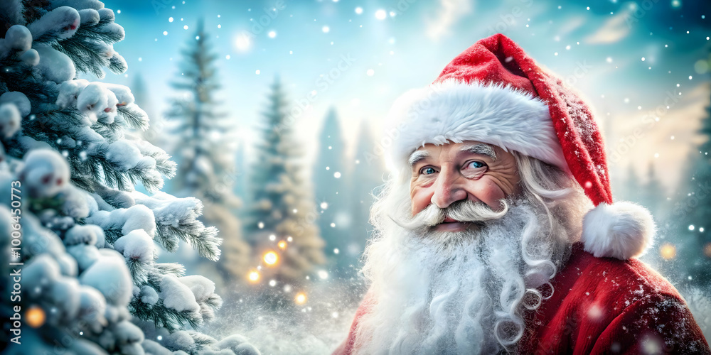 Magical Santa in a Glossy Winter Wonderland: Captivating Stock Photo of Santa Amidst Sparkling Snowflakes and Shimmering Trees with Text Overlay Space Magical Santa in a Glossy Winter Wonderland: Captivating Stock Photo of Santa Amidst Sparkling Snowflakes and Shimmering Trees with Text Overlay Space