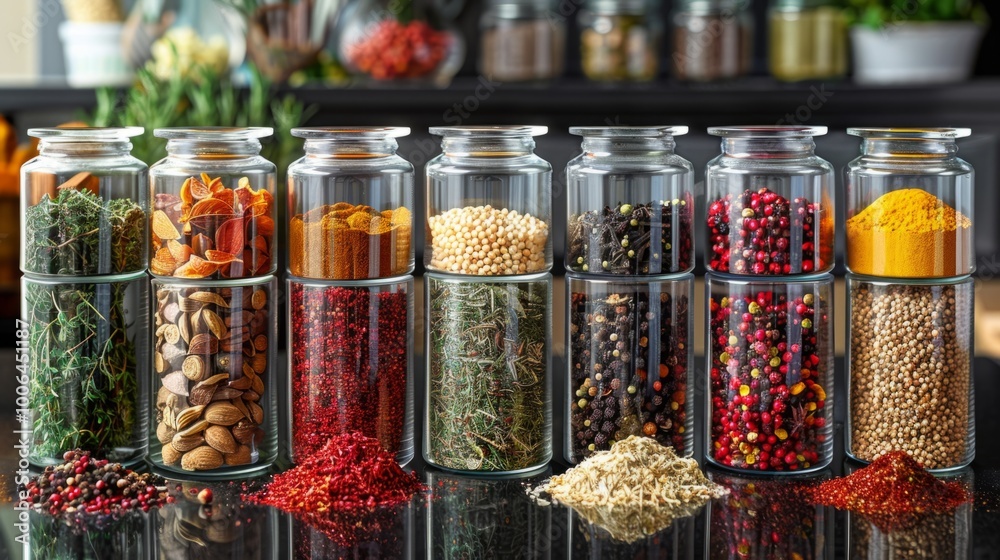 A row of glass jars filled with various spices and herbs