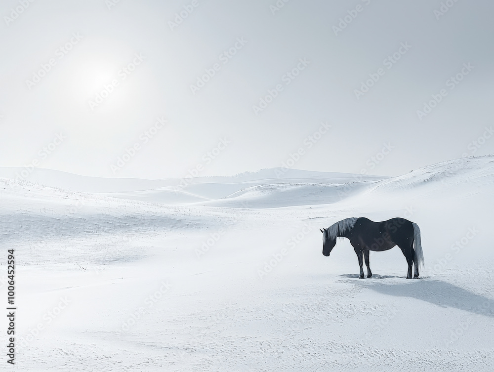 A lone horse stands gracefully in serene winter landscape, surrounded by vast expanses of snow. tranquil scene evokes sense of peace and solitude under soft light of sun A lone horse stands gracefully in serene winter landscape, surrounded by vast expanses of snow. tranquil scene evokes sense of peace and solitude under soft light of sun