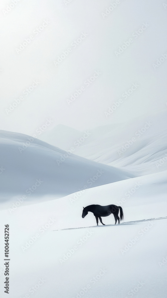 A solitary horse walks through vast expanse of pristine snow, surrounded by gentle, rolling hills. minimalistic landscape evokes sense of tranquility and isolation A solitary horse walks through vast expanse of pristine snow, surrounded by gentle, rolling hills. minimalistic landscape evokes sense of tranquility and isolation
