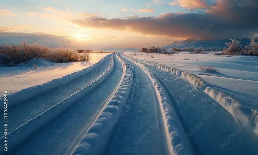 Majestic Winter Sunlight Over Snow Covered Rural Road Majestic Winter Sunlight Over Snow Covered Rural Road