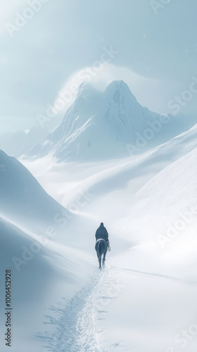 Wallpaper Mural A lone horse walks through vast, snowy landscape, surrounded by towering mountains. serene atmosphere evokes sense of tranquility and isolation in this minimalist scene Torontodigital.ca