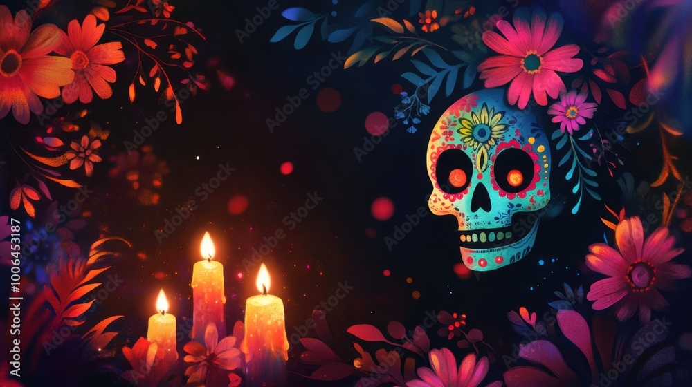 Dark, mysterious background with a colorful skull, flowers, and candles illuminating the scene, offering a rich and cultural vibe Dark, mysterious background with a colorful skull, flowers, and candles illuminating the scene, offering a rich and cultural vibe