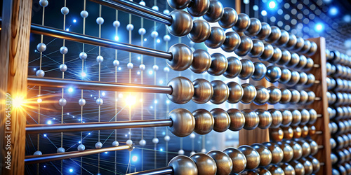 Vote Count Abacus in Digital Network Concept: Close-Up of an Abstract Abacus with Glowing Beads for Vote Counts, Set Against Interconnected Digital Nodes, Symbolizing Modern and Traditional Vote Tabul photo