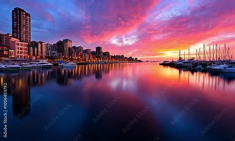 Vibrant Sunset Skyline Reflection over Marina Waters Vibrant Sunset Skyline Reflection over Marina Waters