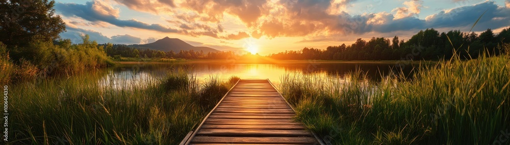 Accessible Sunset View Wheelchair User Enjoying a Tranquil Evening by the Lake with Golden Hour Light and a Wooden Dock Path Accessible Sunset View Wheelchair User Enjoying a Tranquil Evening by the Lake with Golden Hour Light and a Wooden Dock Path