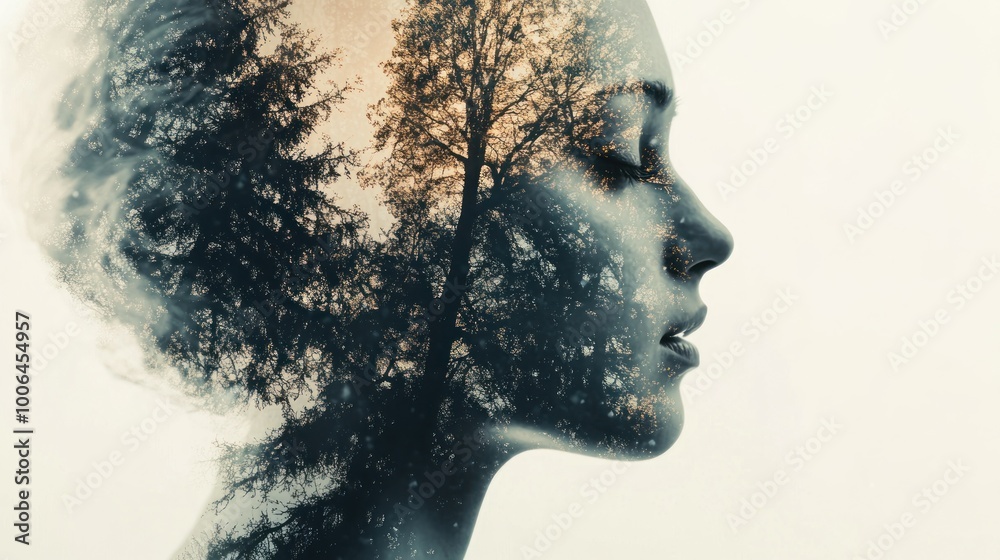 Double exposure combining a woman's profile with a forest scene. The woman's face is partially covered by the silhouettes of the trees.