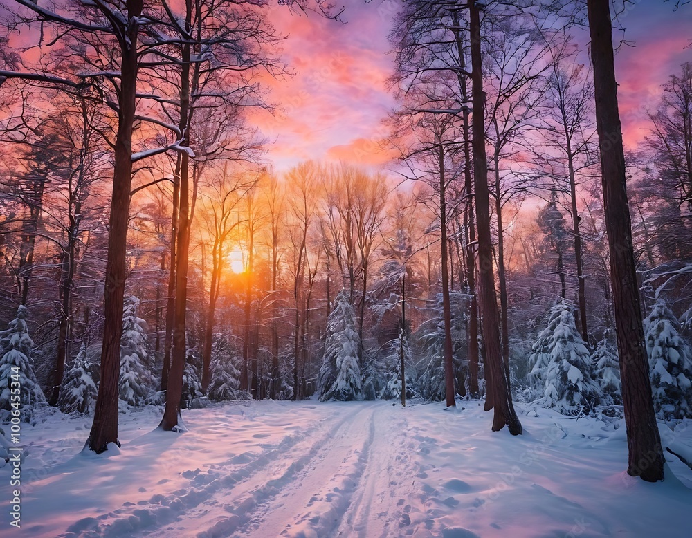 Sunset in the wood in winter period Sunset in the wood in winter period