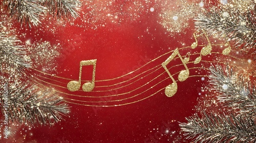 Christmas tree branch with music key on red background christmas card