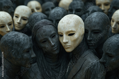 image features crowd of masked figures, with one figure standing out due to its lighter color. scene evokes sense of mystery and intrigue, highlighting themes of identity and anonymity