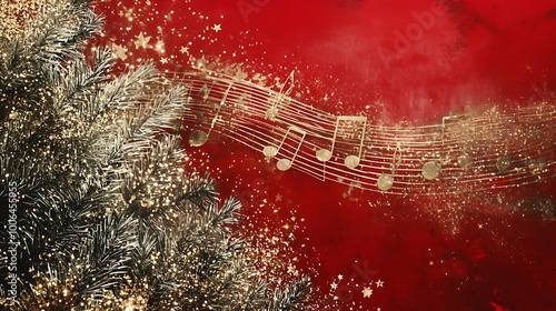Christmas tree branch with music key on red background christmas card