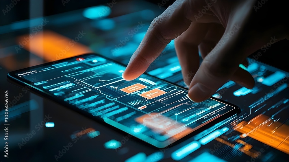 Futuristic Digital Technology Interface with Touchscreen Controls and Circuit Components Futuristic Digital Technology Interface with Touchscreen Controls and Circuit Components